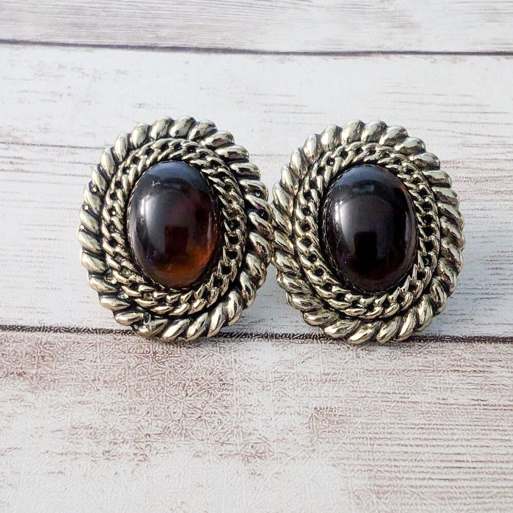 Vintage Earrings for Pierced Ears Dark Brown with Gold Tone Halo